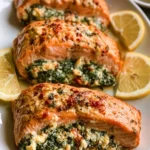 Baked stuffed salmon with spinach and feta on a plate garnished with herbs.