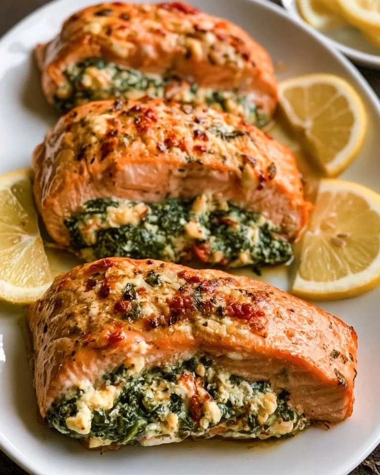 Baked stuffed salmon with spinach and feta on a plate garnished with herbs.