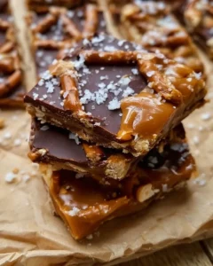 Delicious salted caramel pretzel bark topped with chocolate and sea salt