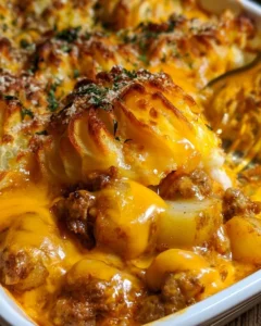 Cheese-topped hamburger casserole with potatoes in a baking dish