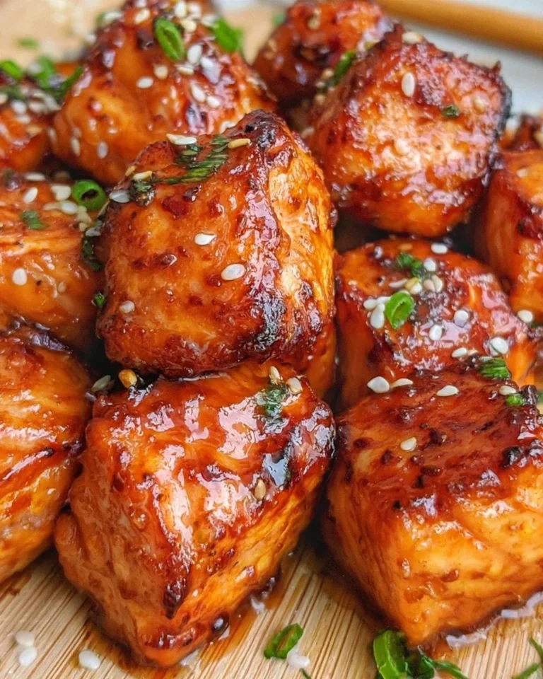 Crispy honey garlic salmon bites garnished with herbs on a plate.
