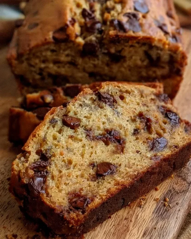 Loaf of easy chocolate chip banana bread with chocolate chips and banana slices