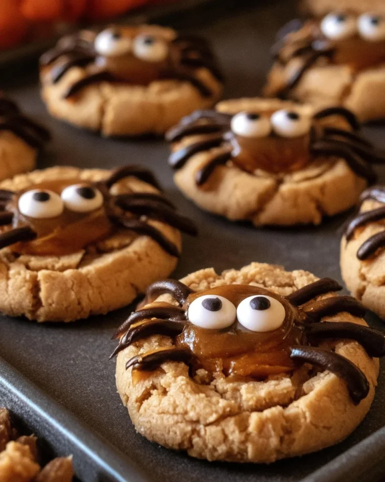 A plate of easy peanut butter spider cookies decorated with chocolate and candy eyes.