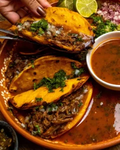 Plate of delicious Birria Tacos served with consomé and fresh toppings.