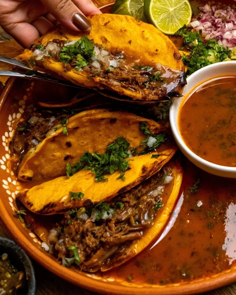 Plate of delicious Birria Tacos served with consomé and fresh toppings.
