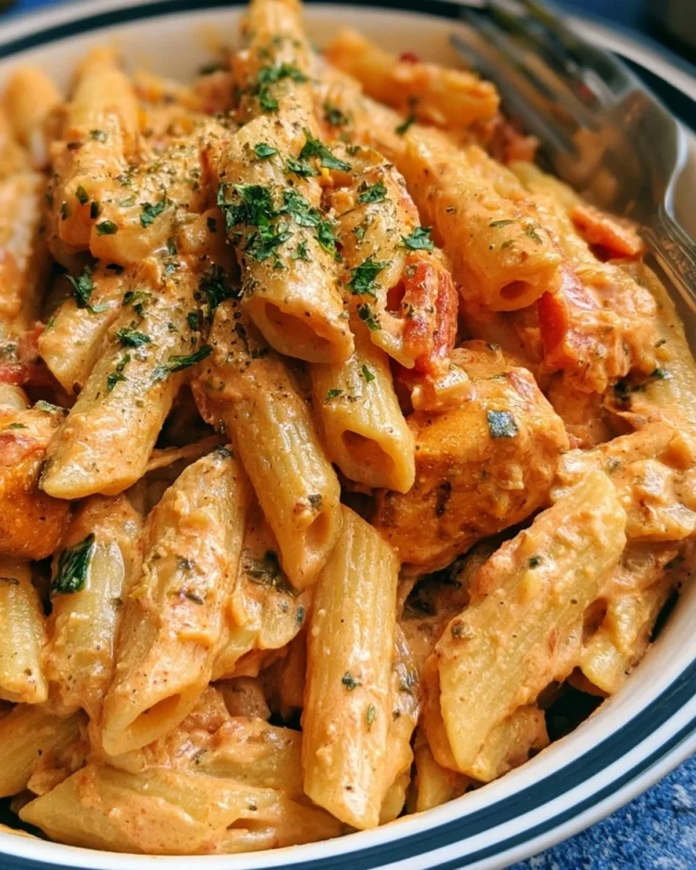 Delicious Southwest Alfredo Penne Pasta topped with fresh herbs and spices